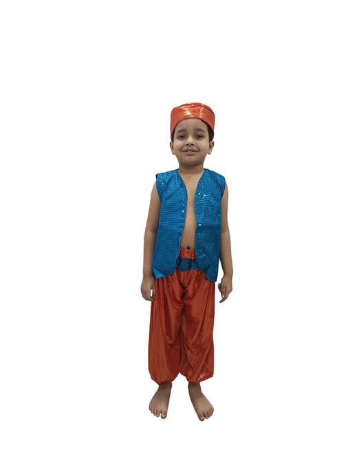 BookMyCostume  Arabian Boys Western Belly Dance Costume Shirt Harem Pant Cap for Kids Costume | Blue & Red